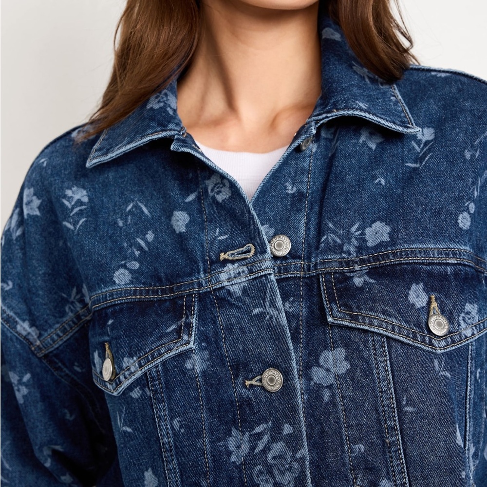 Dark Blue Floral Denim Jacket XL - Picture 4 of 8